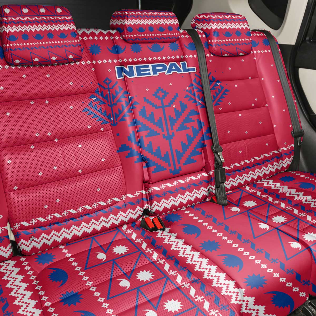 Nepal Christmas Back Car Seat Cover with Red-Blue Design, National Emblem, and Snowflake Motif - Wonder Print Shop