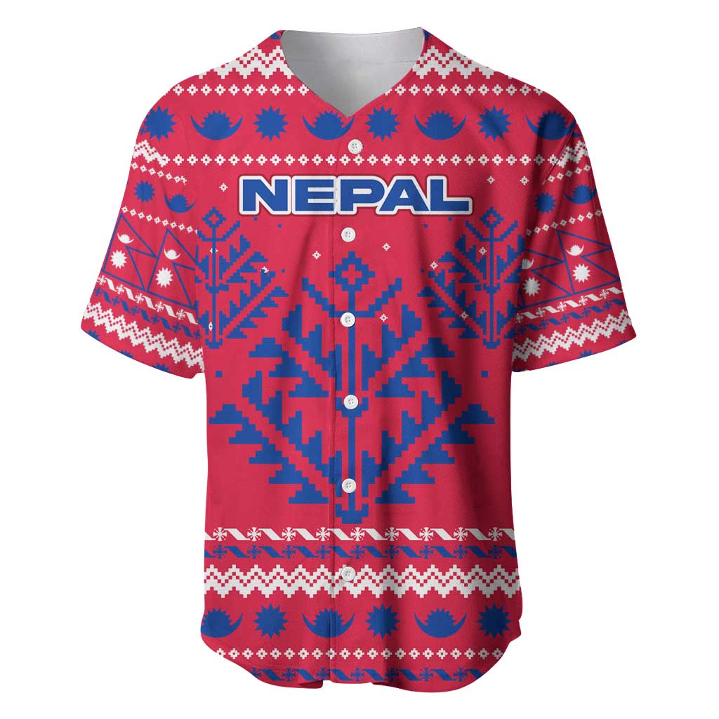 Nepal Christmas Baseball Jersey with Red-Blue Design, National Emblem, and Snowflake Motif - Wonder Print Shop