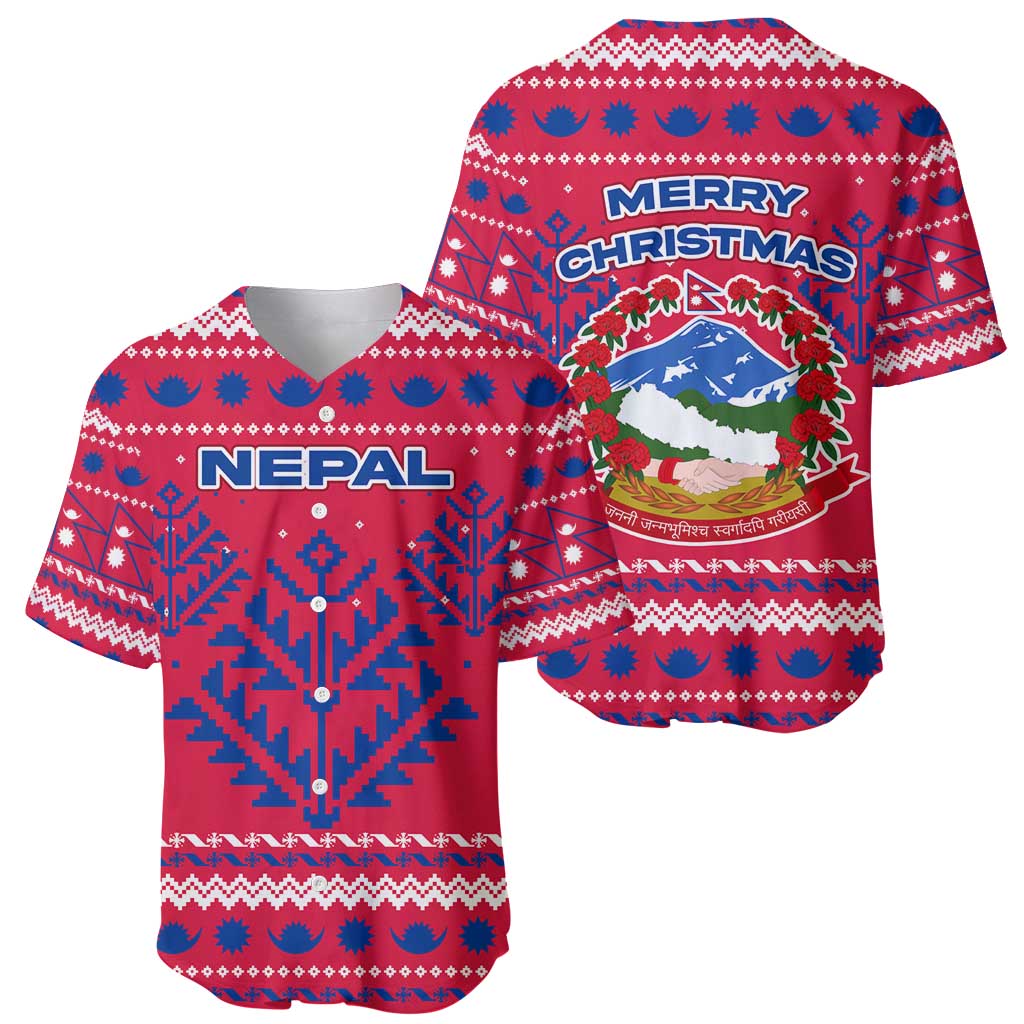 Nepal Christmas Baseball Jersey with Red-Blue Design, National Emblem, and Snowflake Motif - Wonder Print Shop