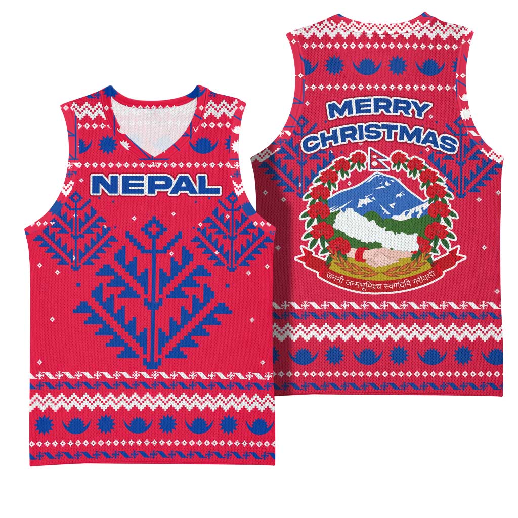 Nepal Christmas Basketball Jersey with Red-Blue Design, National Emblem, and Snowflake Motif - Wonder Print Shop