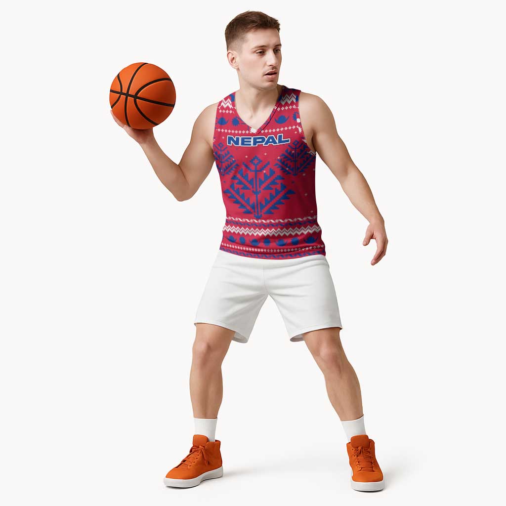 Nepal Christmas Basketball Jersey with Red-Blue Design, National Emblem, and Snowflake Motif - Wonder Print Shop