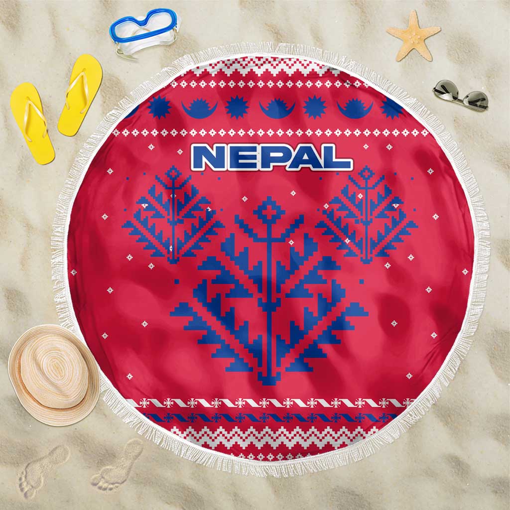 Nepal Christmas Beach Blanket with Red-Blue Design, National Emblem, and Snowflake Motif - Wonder Print Shop