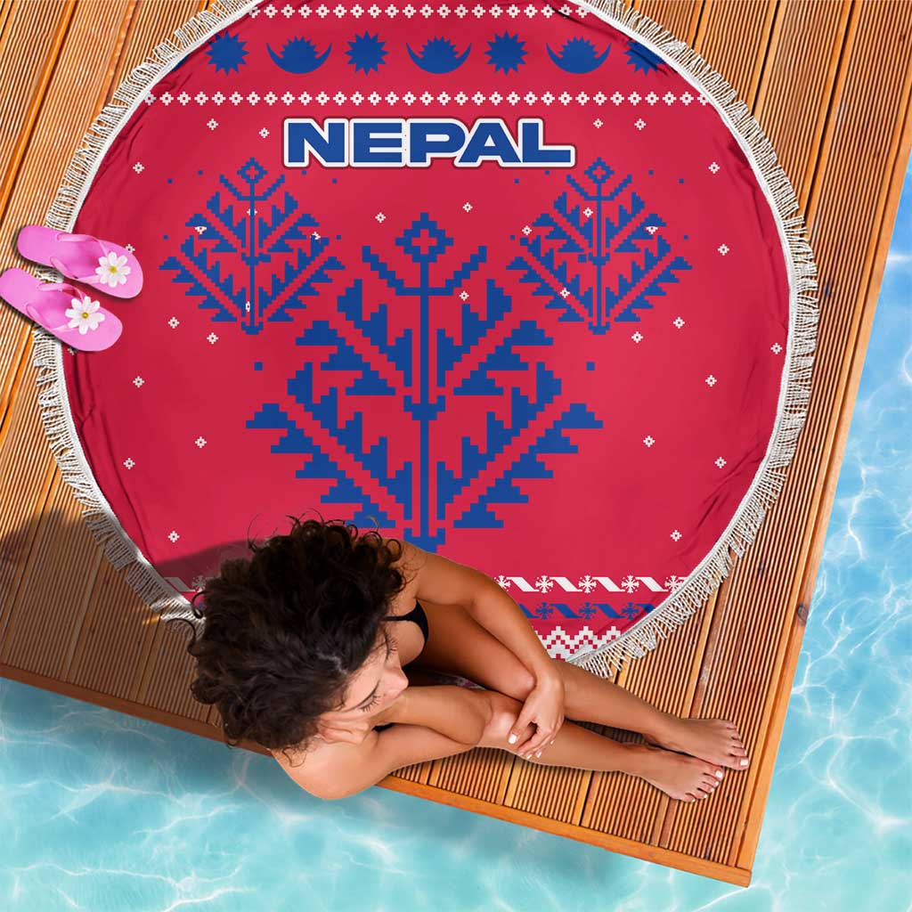 Nepal Christmas Beach Blanket with Red-Blue Design, National Emblem, and Snowflake Motif - Wonder Print Shop