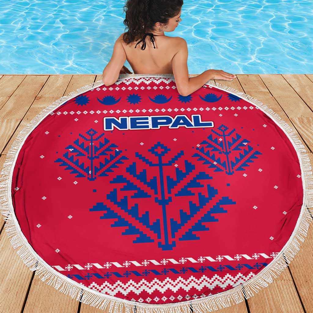 Nepal Christmas Beach Blanket with Red-Blue Design, National Emblem, and Snowflake Motif - Wonder Print Shop