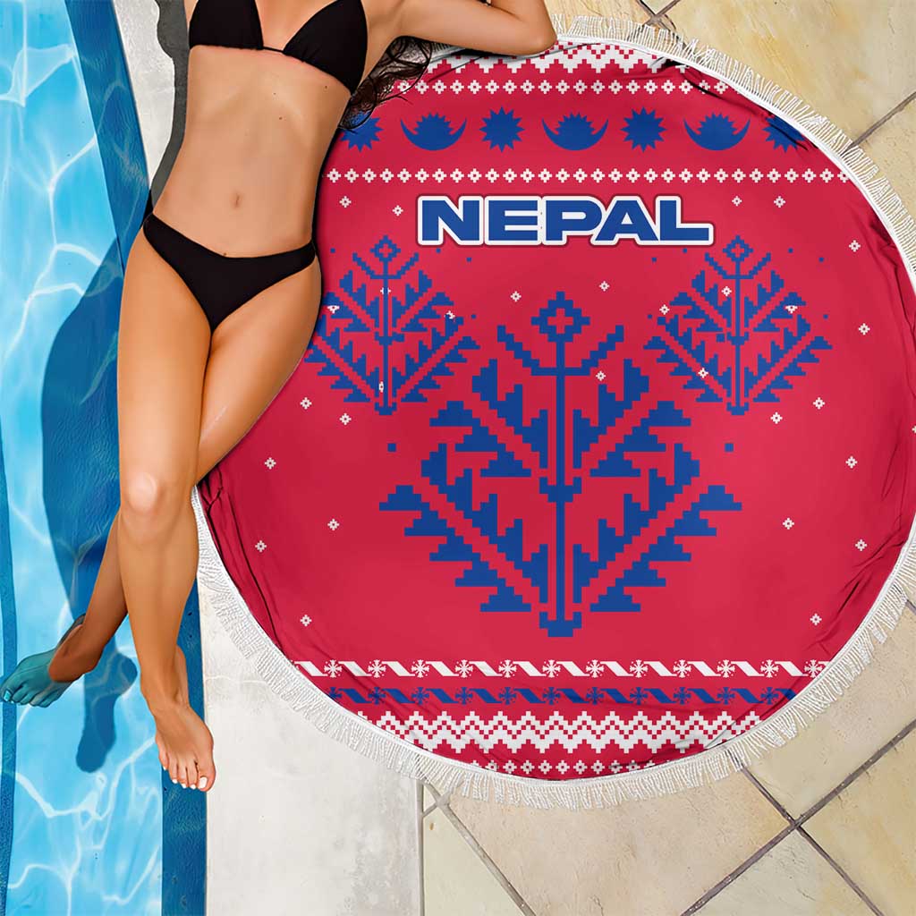 Nepal Christmas Beach Blanket with Red-Blue Design, National Emblem, and Snowflake Motif - Wonder Print Shop