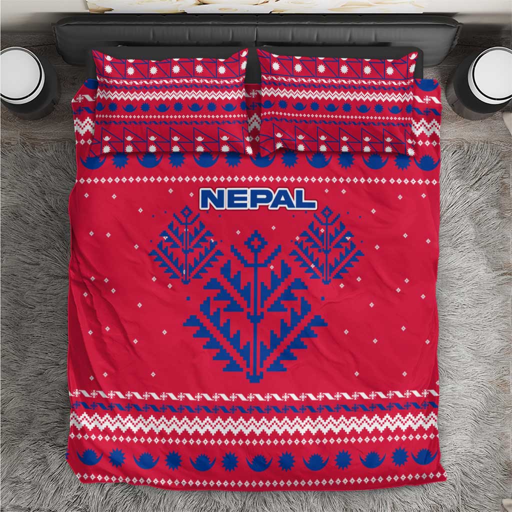 Nepal Christmas Bedding Set with Red-Blue Design, National Emblem, and Snowflake Motif - Wonder Print Shop