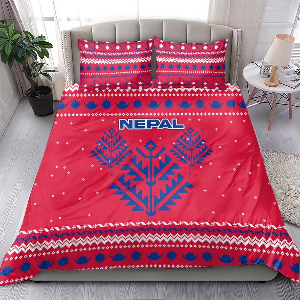 Nepal Christmas Bedding Set with Red-Blue Design, National Emblem, and Snowflake Motif - Wonder Print Shop