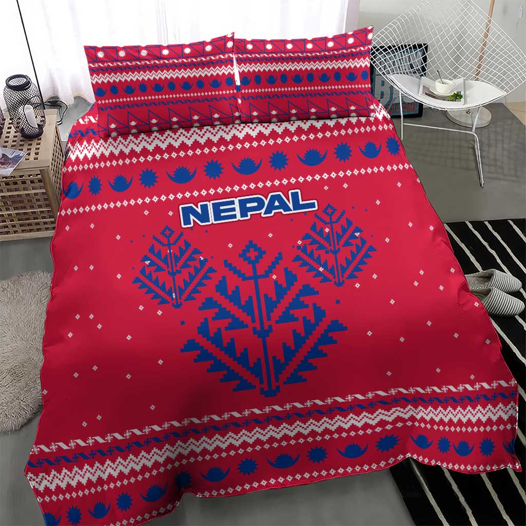 Nepal Christmas Bedding Set with Red-Blue Design, National Emblem, and Snowflake Motif - Wonder Print Shop