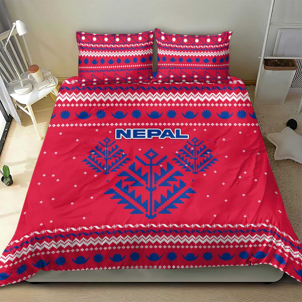 Nepal Christmas Bedding Set with Red-Blue Design, National Emblem, and Snowflake Motif - Wonder Print Shop