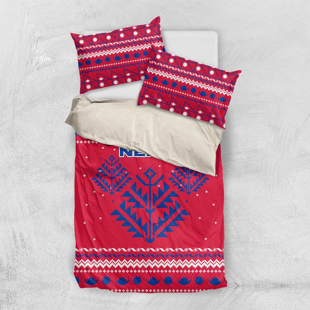 Nepal Christmas Bedding Set with Red-Blue Design, National Emblem, and Snowflake Motif - Wonder Print Shop