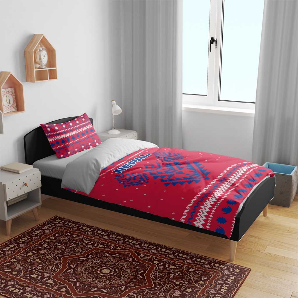 Nepal Christmas Bedding Set with Red-Blue Design, National Emblem, and Snowflake Motif - Wonder Print Shop