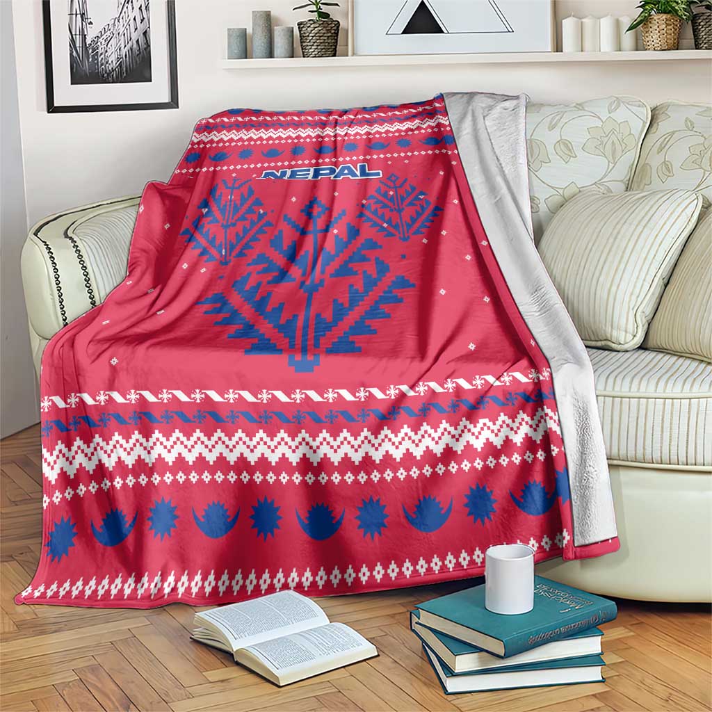 Nepal Christmas Blanket with Red-Blue Design, National Emblem, and Snowflake Motif - Wonder Print Shop