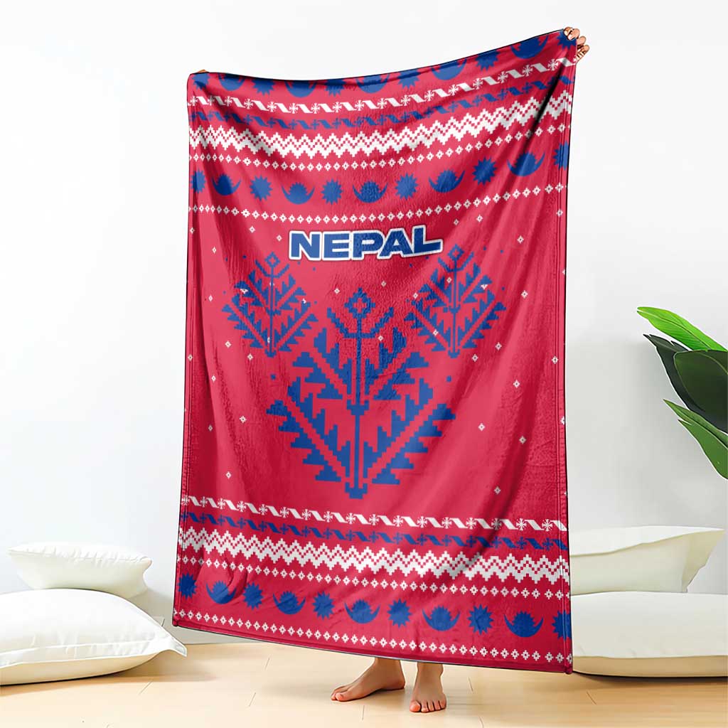 Nepal Christmas Blanket with Red-Blue Design, National Emblem, and Snowflake Motif - Wonder Print Shop