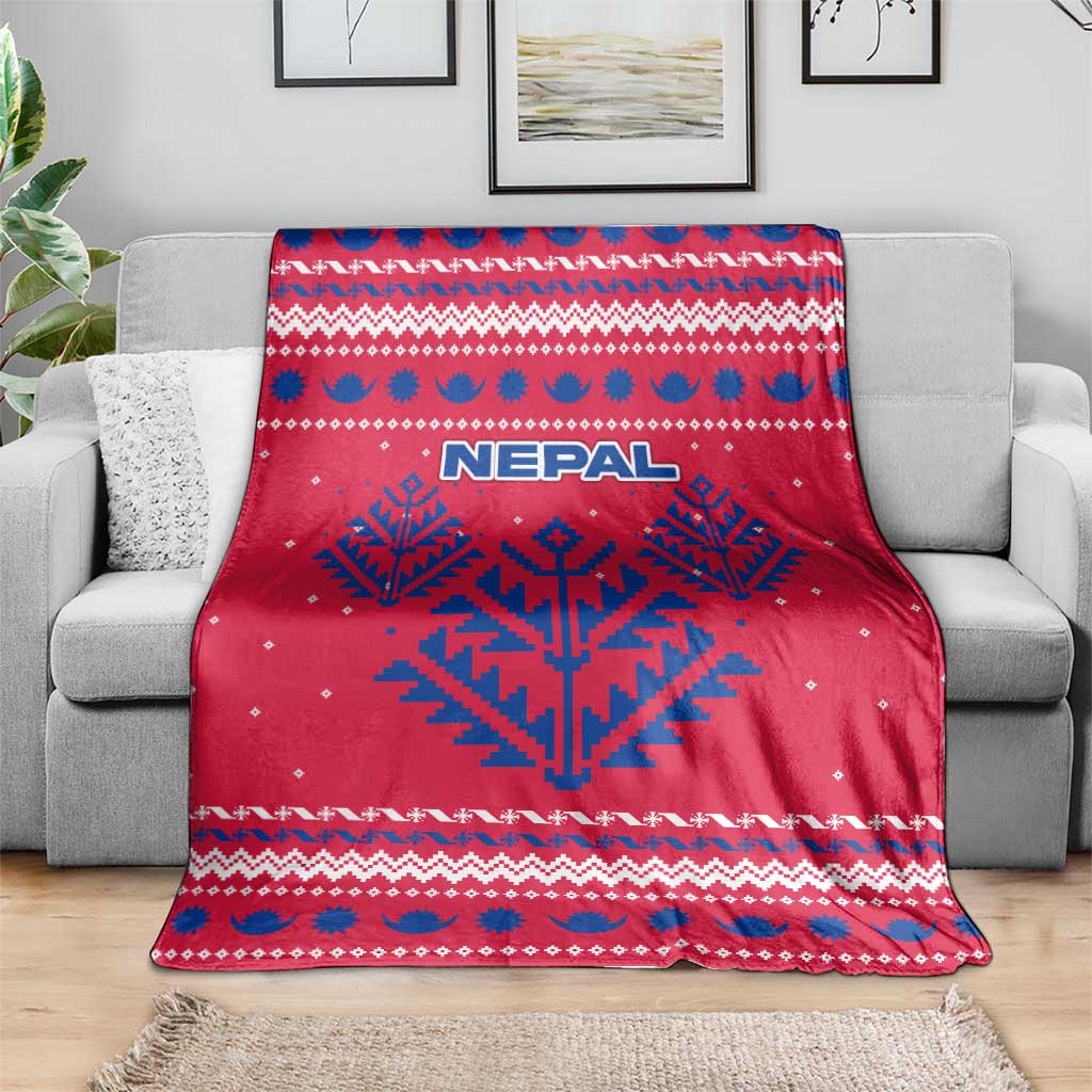 Nepal Christmas Blanket with Red-Blue Design, National Emblem, and Snowflake Motif - Wonder Print Shop
