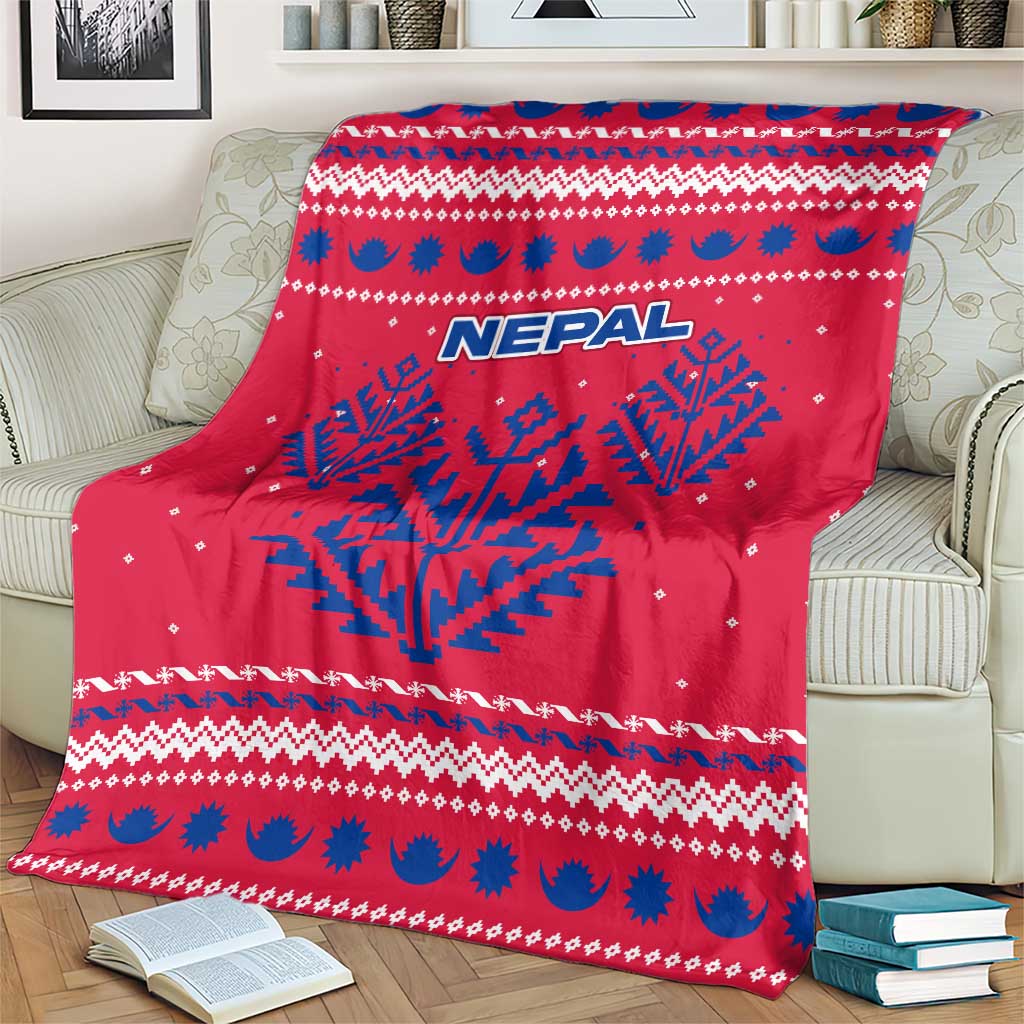 Nepal Christmas Blanket with Red-Blue Design, National Emblem, and Snowflake Motif - Wonder Print Shop
