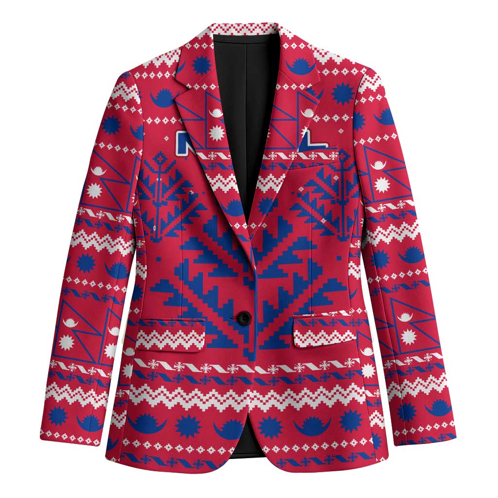 Nepal Christmas Blazer with Red-Blue Design, National Emblem, and Snowflake Motif - Wonder Print Shop