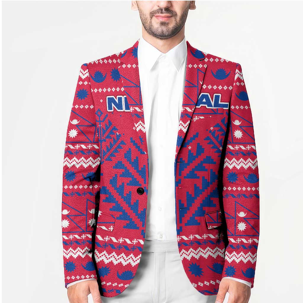 Nepal Christmas Blazer with Red-Blue Design, National Emblem, and Snowflake Motif - Wonder Print Shop