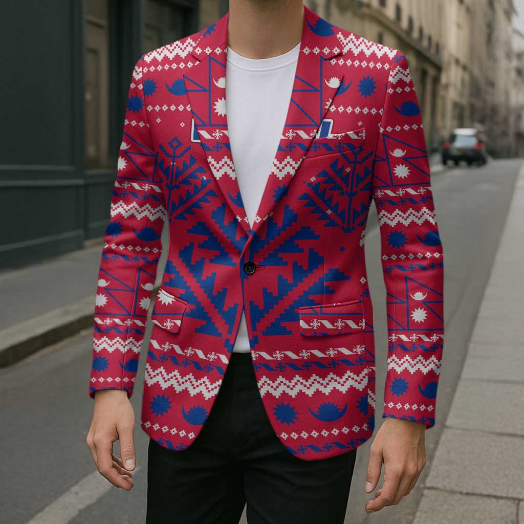 Nepal Christmas Blazer with Red-Blue Design, National Emblem, and Snowflake Motif - Wonder Print Shop