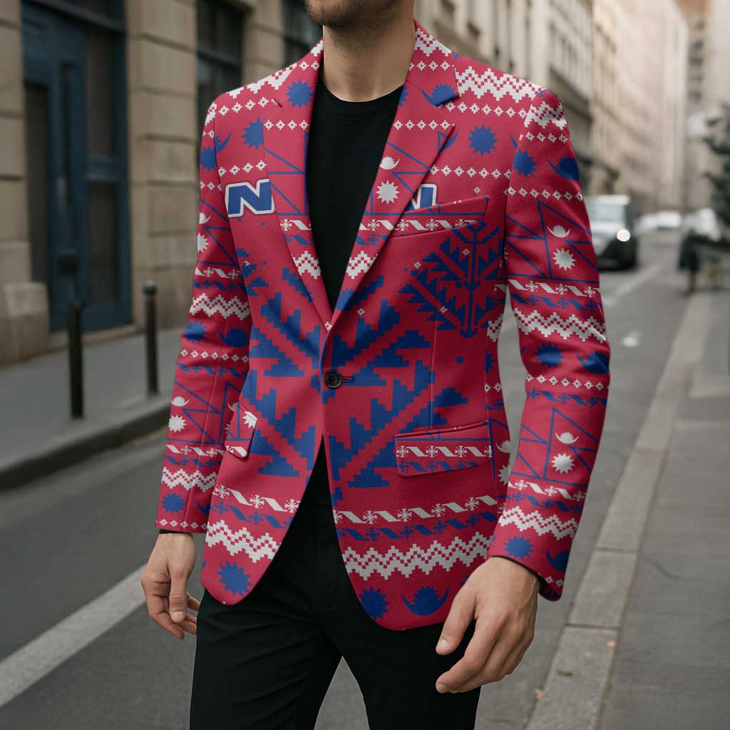 Nepal Christmas Blazer with Red-Blue Design, National Emblem, and Snowflake Motif - Wonder Print Shop