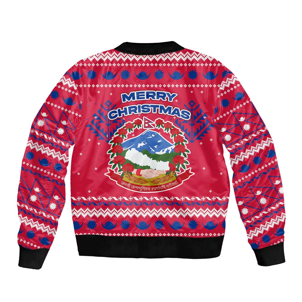 Nepal Christmas Bomber Jacket with Red-Blue Design, National Emblem, and Snowflake Motif - Wonder Print Shop