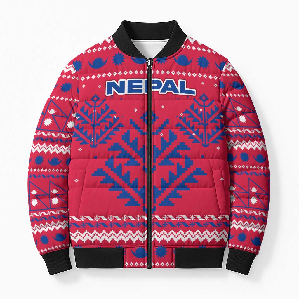 Nepal Christmas Bomber Puffer Jacket with Red-Blue Design, National Emblem, and Snowflake Motif - Wonder Print Shop