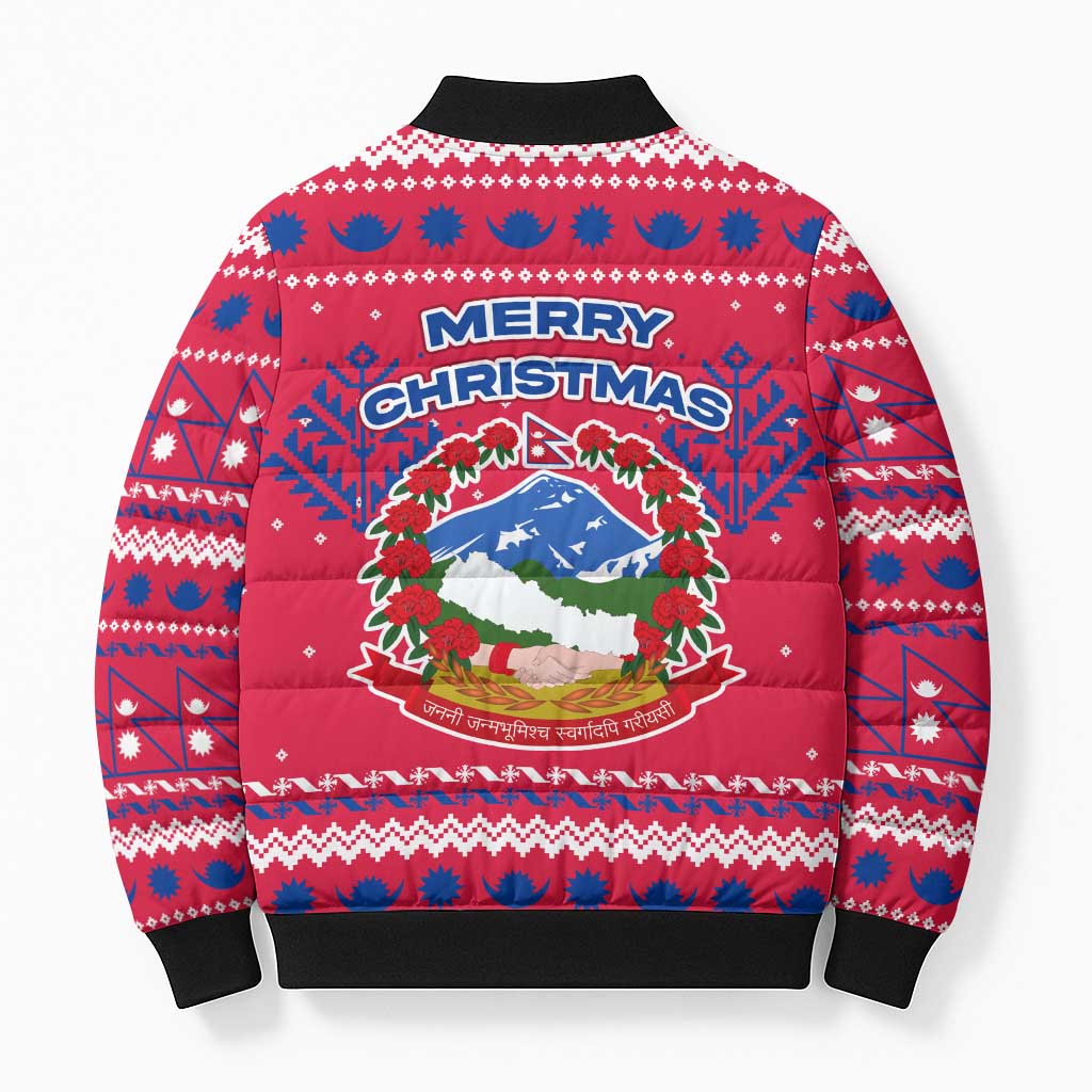 Nepal Christmas Bomber Puffer Jacket with Red-Blue Design, National Emblem, and Snowflake Motif - Wonder Print Shop