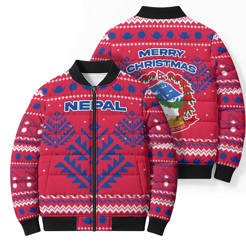 Nepal Christmas Bomber Puffer Jacket with Red-Blue Design, National Emblem, and Snowflake Motif - Wonder Print Shop