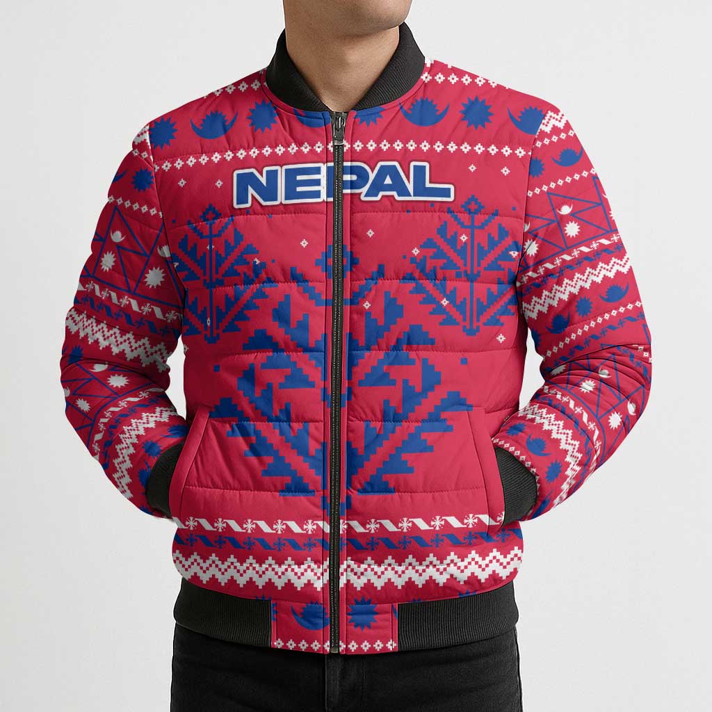 Nepal Christmas Bomber Puffer Jacket with Red-Blue Design, National Emblem, and Snowflake Motif - Wonder Print Shop