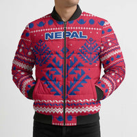 Nepal Christmas Bomber Puffer Jacket with Red-Blue Design, National Emblem, and Snowflake Motif - Wonder Print Shop