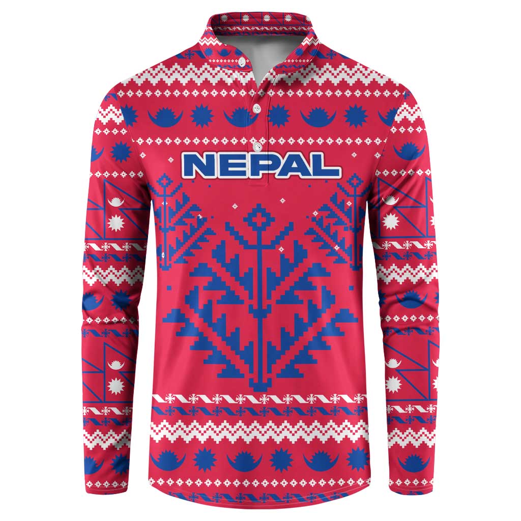 Nepal Christmas Button Sweatshirt with Red-Blue Design, National Emblem, and Snowflake Motif - Wonder Print Shop
