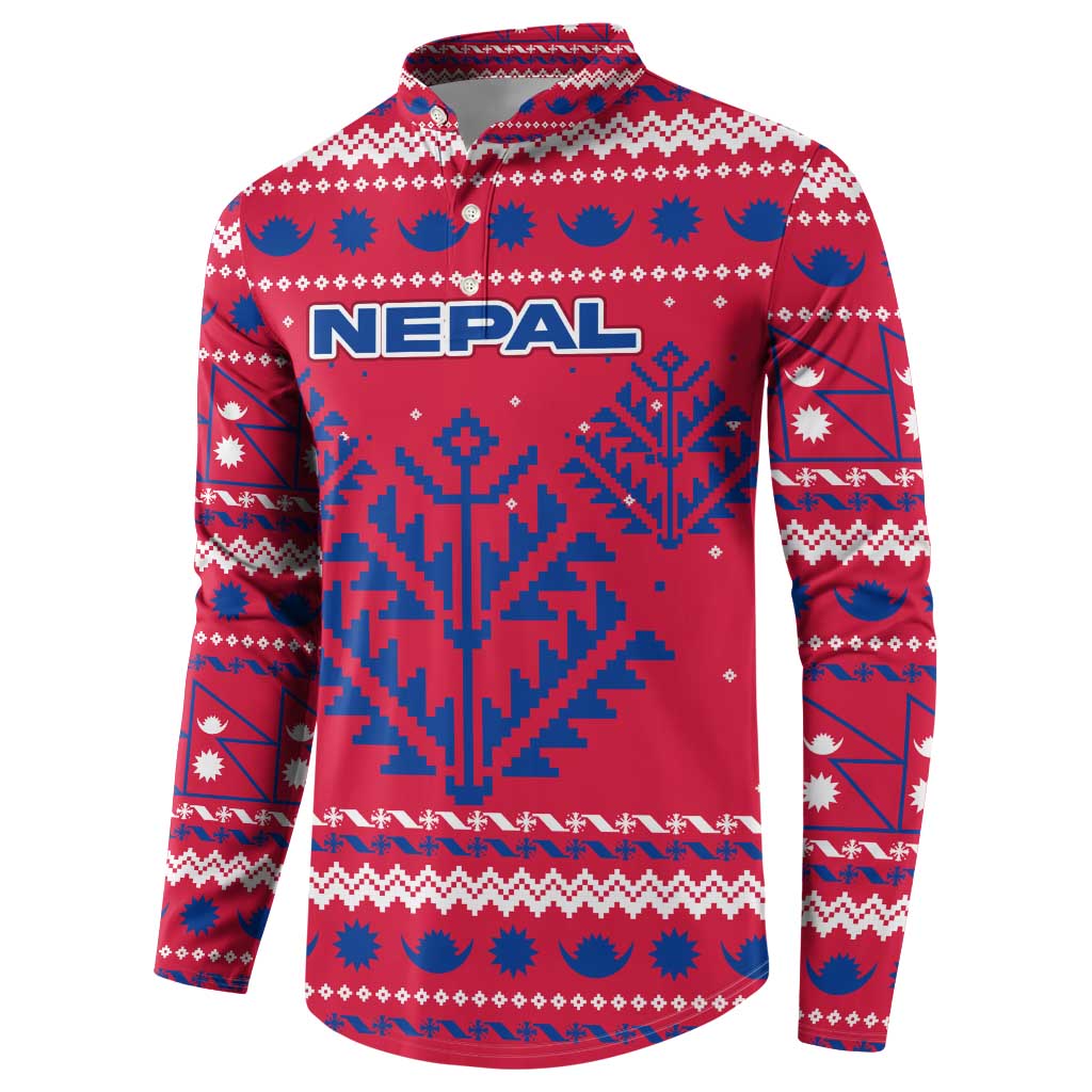 Nepal Christmas Button Sweatshirt with Red-Blue Design, National Emblem, and Snowflake Motif - Wonder Print Shop