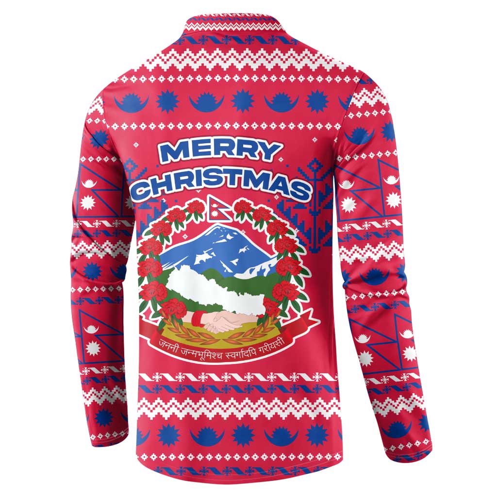 Nepal Christmas Button Sweatshirt with Red-Blue Design, National Emblem, and Snowflake Motif - Wonder Print Shop