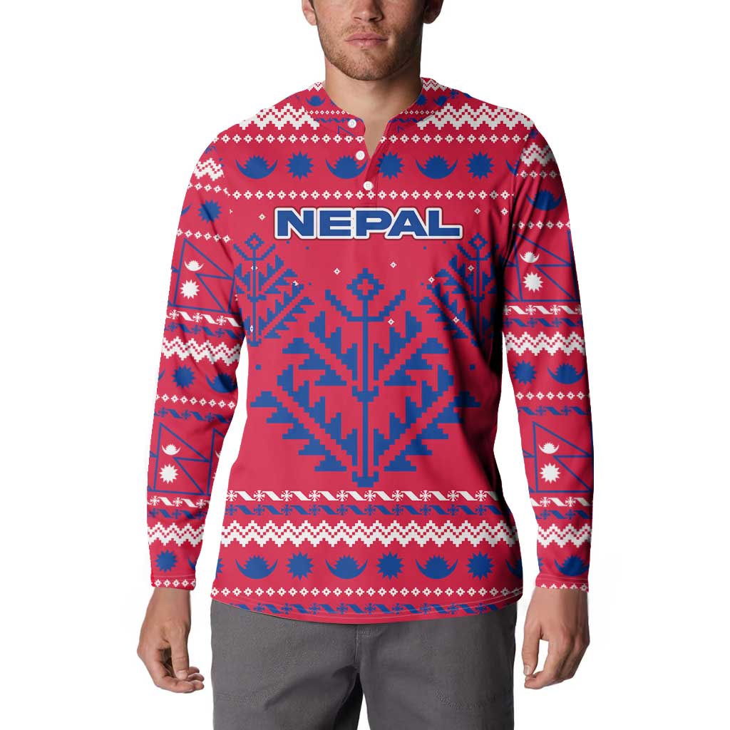Nepal Christmas Button Sweatshirt with Red-Blue Design, National Emblem, and Snowflake Motif - Wonder Print Shop
