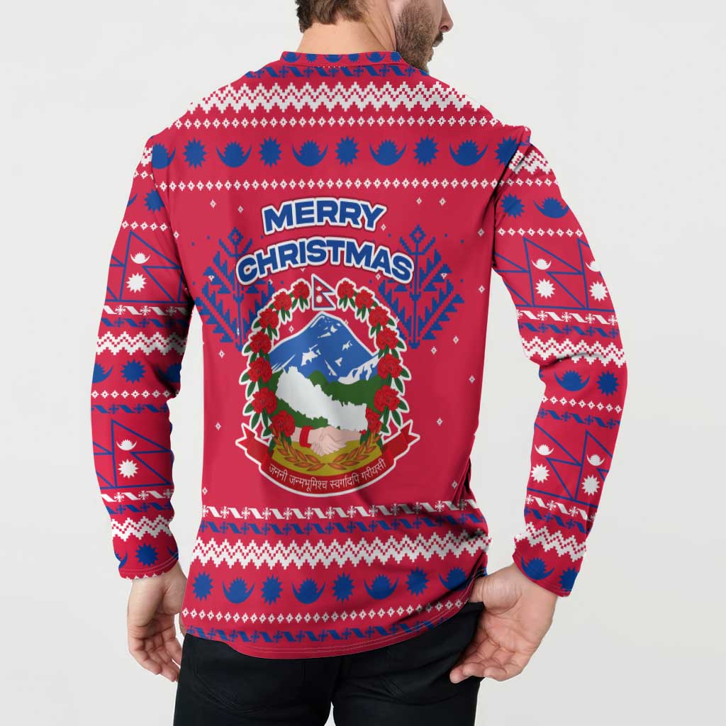 Nepal Christmas Button Sweatshirt with Red-Blue Design, National Emblem, and Snowflake Motif - Wonder Print Shop