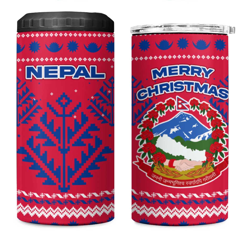Nepal Christmas 4 in 1 Can Cooler Tumbler with Red-Blue Design, National Emblem, and Snowflake Motif - Wonder Print Shop
