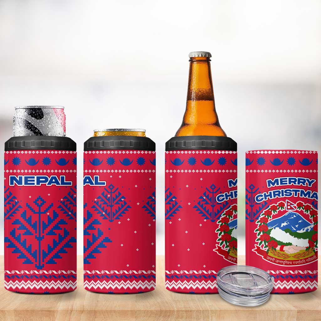 Nepal Christmas 4 in 1 Can Cooler Tumbler with Red-Blue Design, National Emblem, and Snowflake Motif - Wonder Print Shop