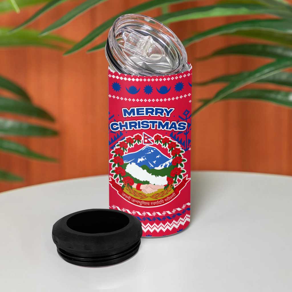 Nepal Christmas 4 in 1 Can Cooler Tumbler with Red-Blue Design, National Emblem, and Snowflake Motif - Wonder Print Shop