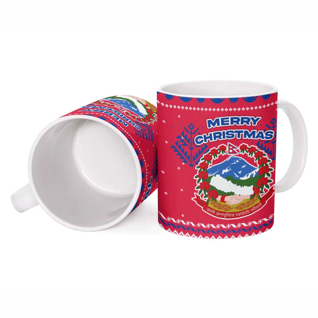 Nepal Christmas Ceramic Mug with Red-Blue Design, National Emblem, and Snowflake Motif - Wonder Print Shop