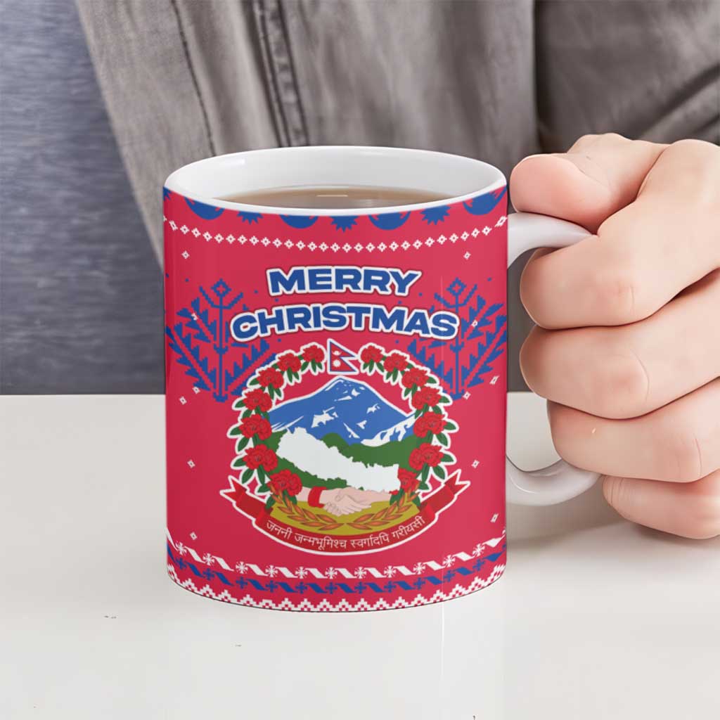 Nepal Christmas Ceramic Mug with Red-Blue Design, National Emblem, and Snowflake Motif - Wonder Print Shop