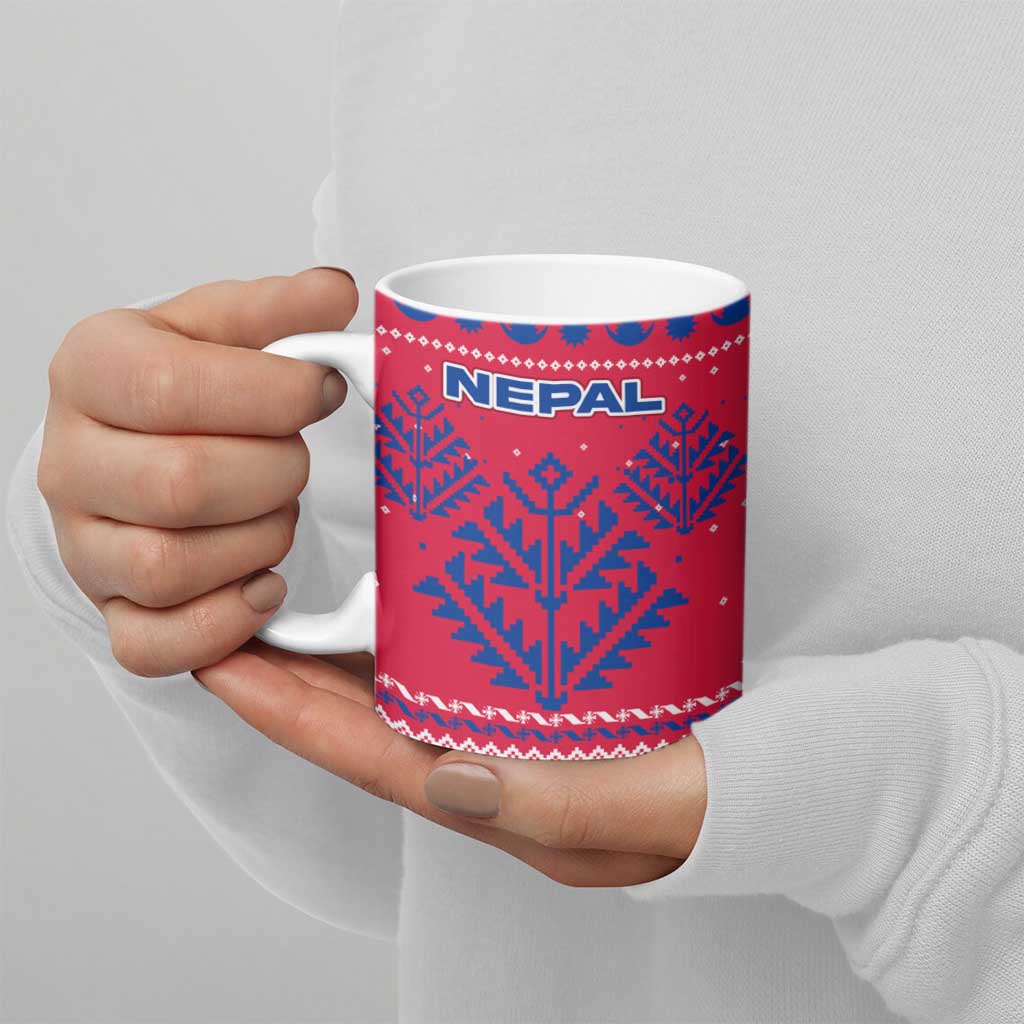 Nepal Christmas Ceramic Mug with Red-Blue Design, National Emblem, and Snowflake Motif - Wonder Print Shop