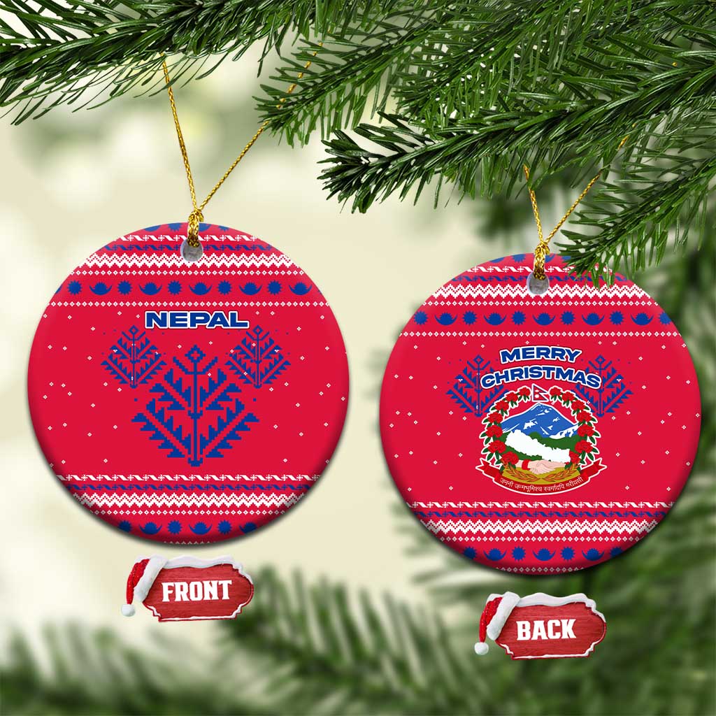 Nepal Christmas Ceramic Ornament with Red-Blue Design, National Emblem, and Snowflake Motif - Wonder Print Shop