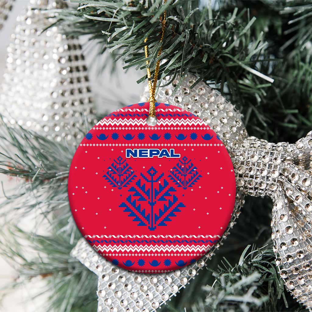 Nepal Christmas Ceramic Ornament with Red-Blue Design, National Emblem, and Snowflake Motif - Wonder Print Shop