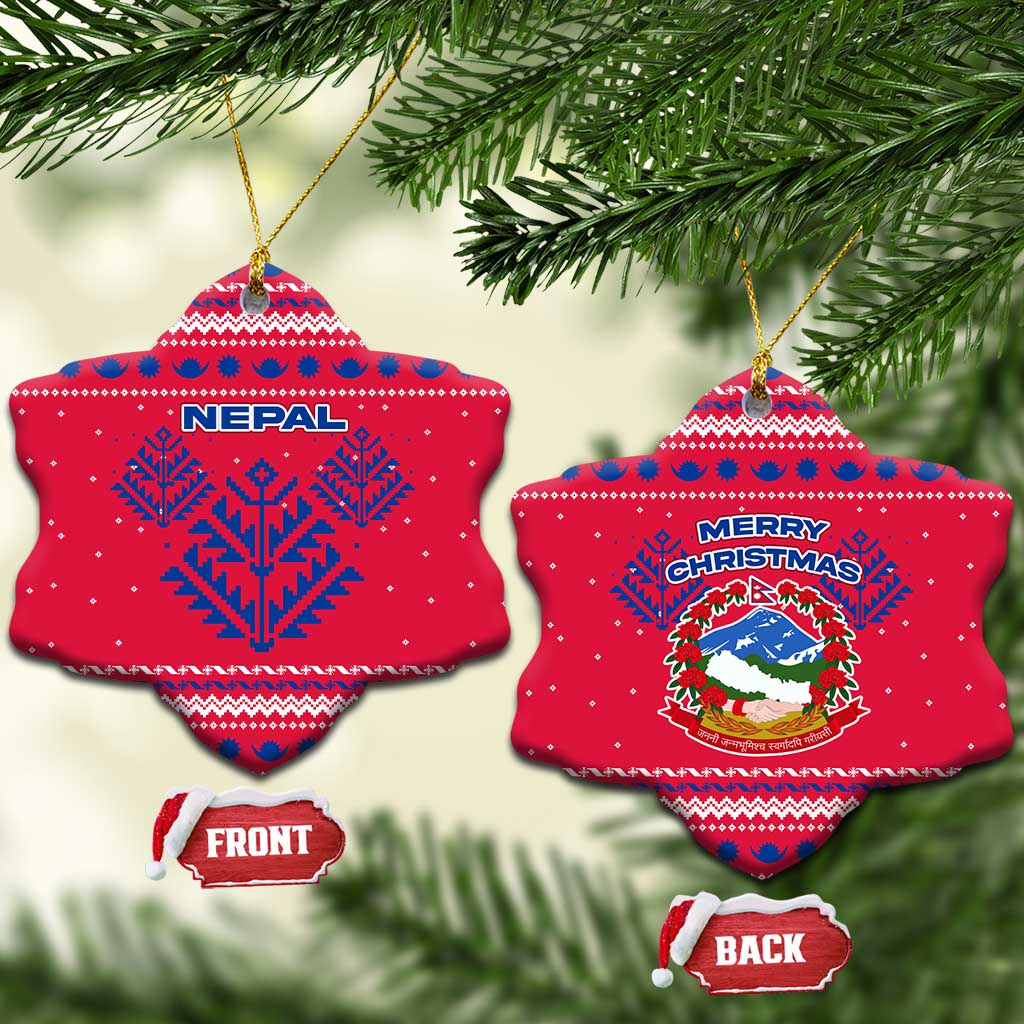 Nepal Christmas Ceramic Ornament with Red-Blue Design, National Emblem, and Snowflake Motif - Wonder Print Shop