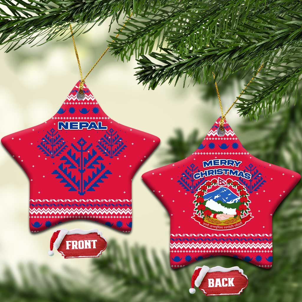 Nepal Christmas Ceramic Ornament with Red-Blue Design, National Emblem, and Snowflake Motif - Wonder Print Shop