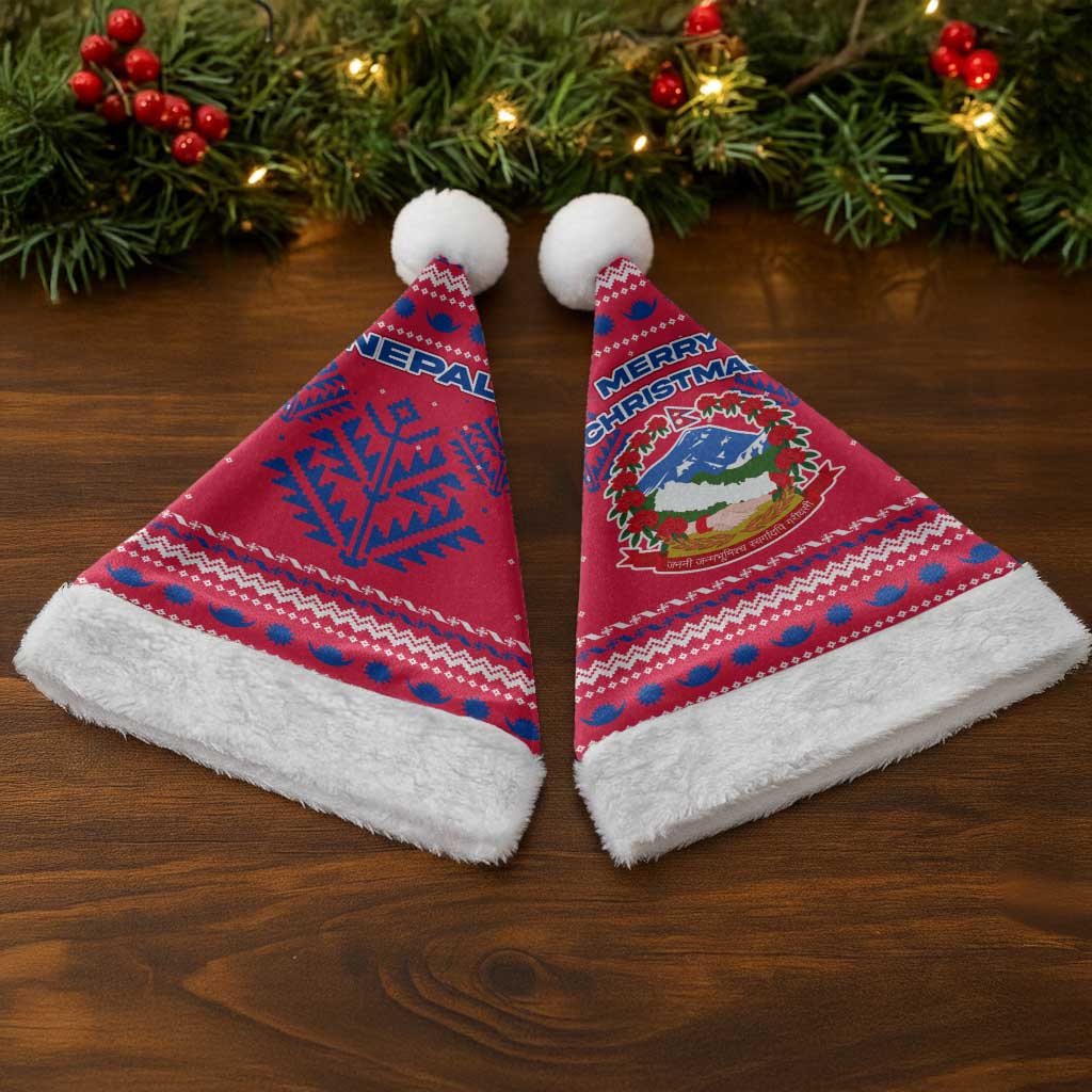Nepal Christmas Santa Hat with Red-Blue Design, National Emblem, and Snowflake Motif - Wonder Print Shop