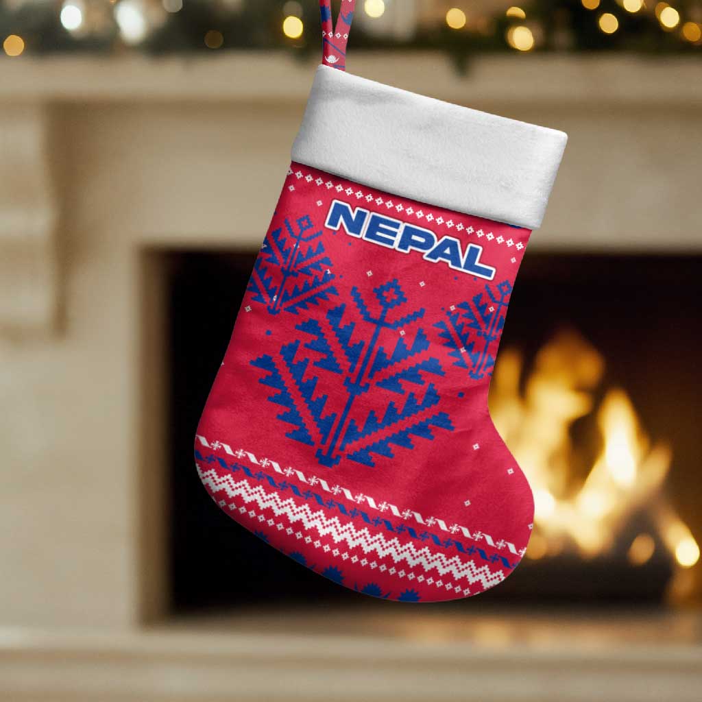 Nepal Christmas Stocking with Red-Blue Design, National Emblem, and Snowflake Motif - Wonder Print Shop
