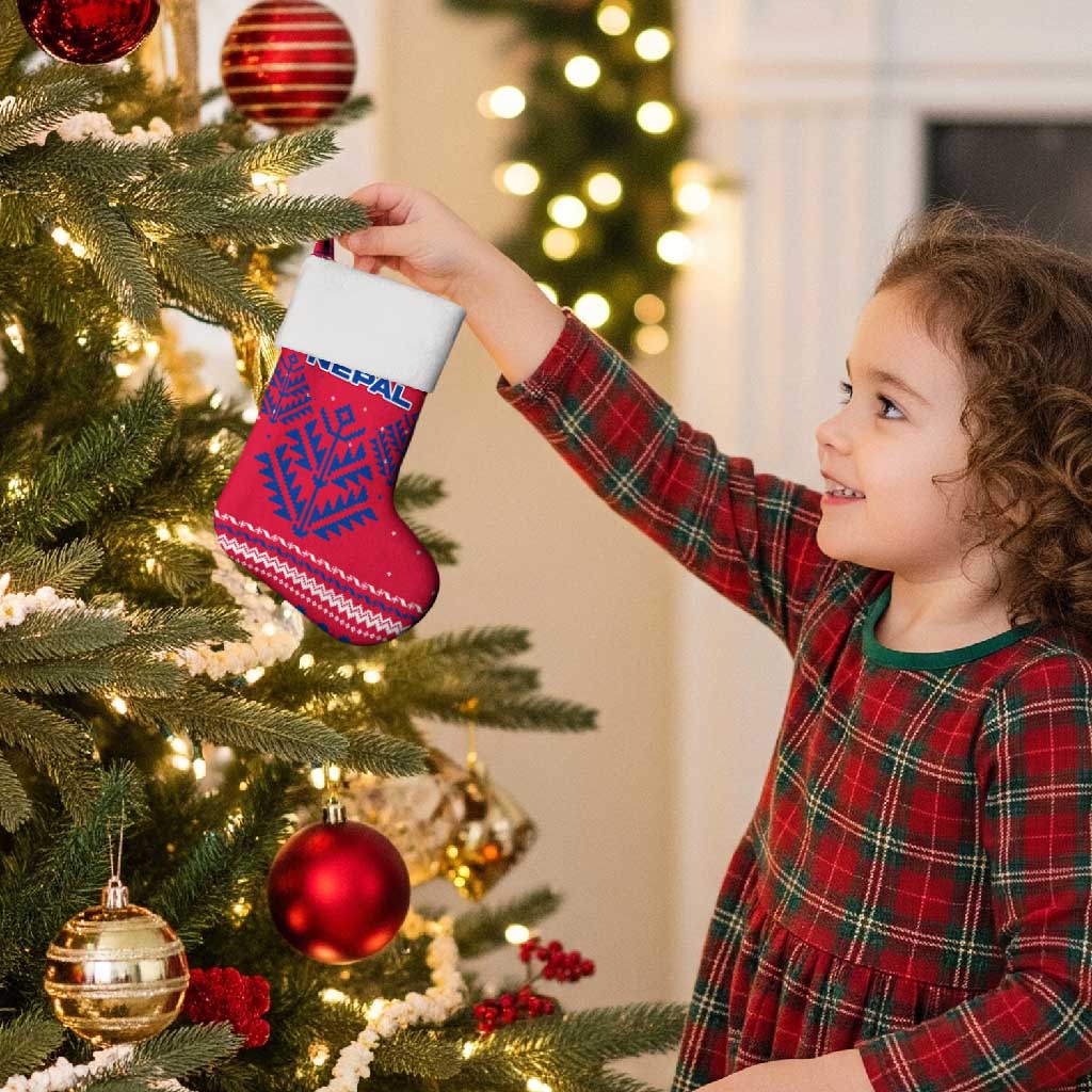 Nepal Christmas Stocking with Red-Blue Design, National Emblem, and Snowflake Motif - Wonder Print Shop