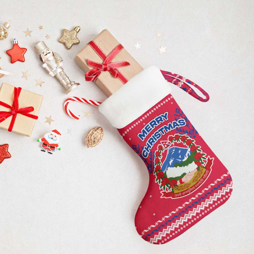 Nepal Christmas Stocking with Red-Blue Design, National Emblem, and Snowflake Motif - Wonder Print Shop