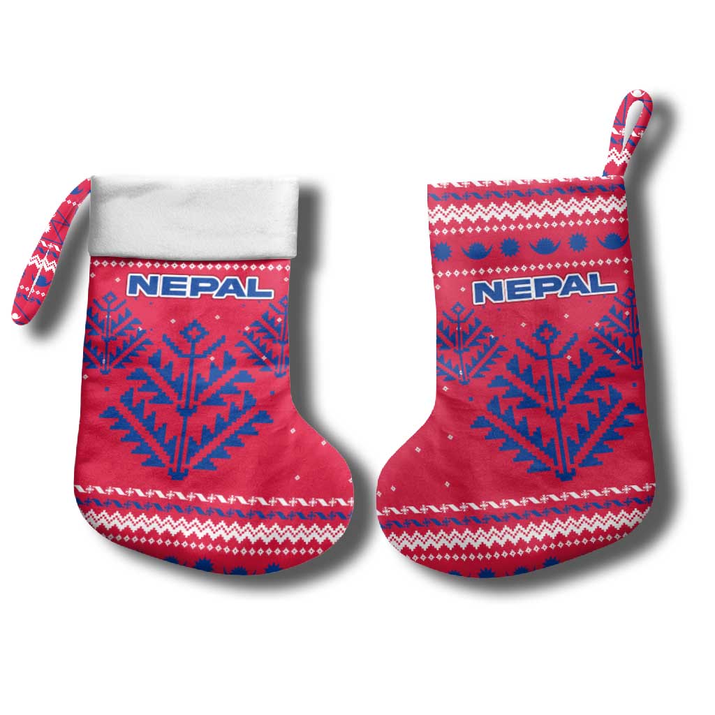 Nepal Christmas Stocking with Red-Blue Design, National Emblem, and Snowflake Motif - Wonder Print Shop
