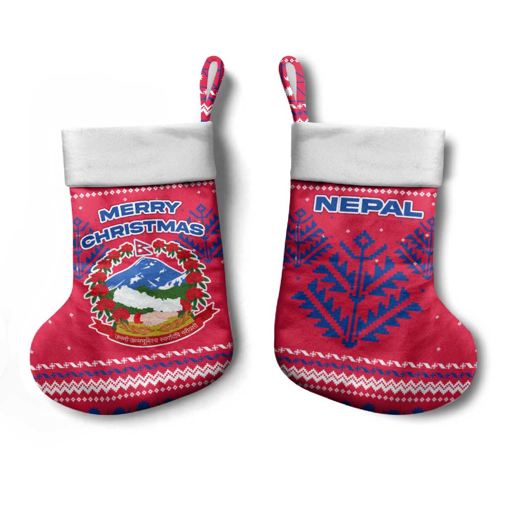 Nepal Christmas Stocking with Red-Blue Design, National Emblem, and Snowflake Motif - Wonder Print Shop